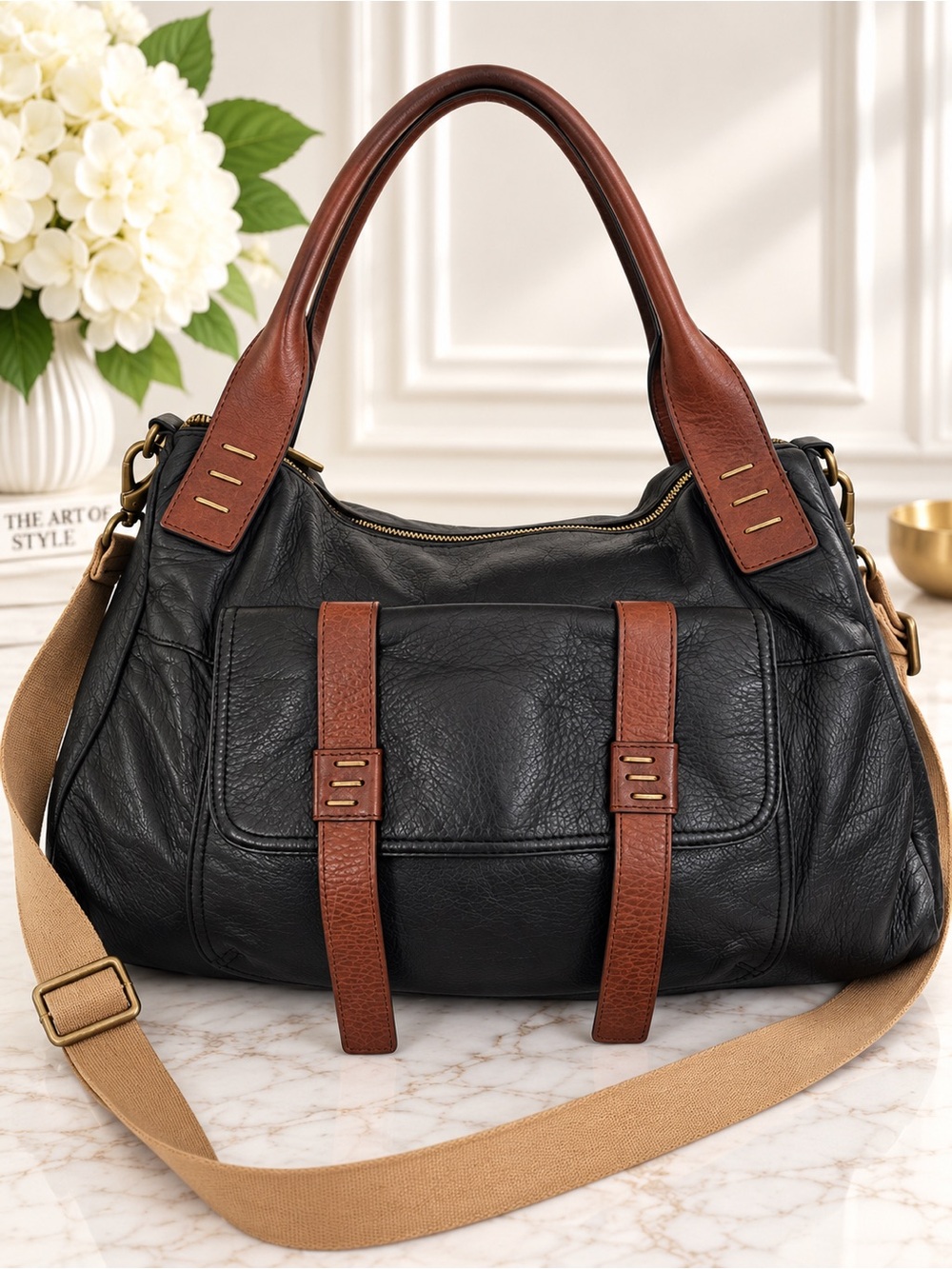 Cynthia Rowley Black Leather Satchel Crossbody Shoulder Bag Brown Trim